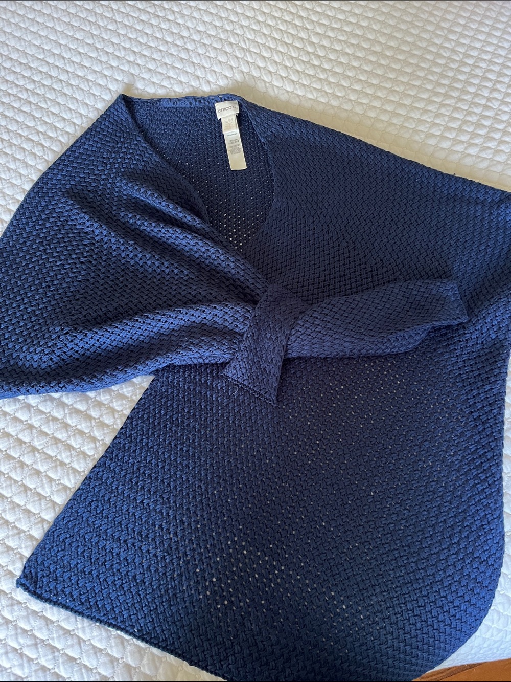 Chico's Navy Knit Wrap sweater.  Great classic add on to your outfit.